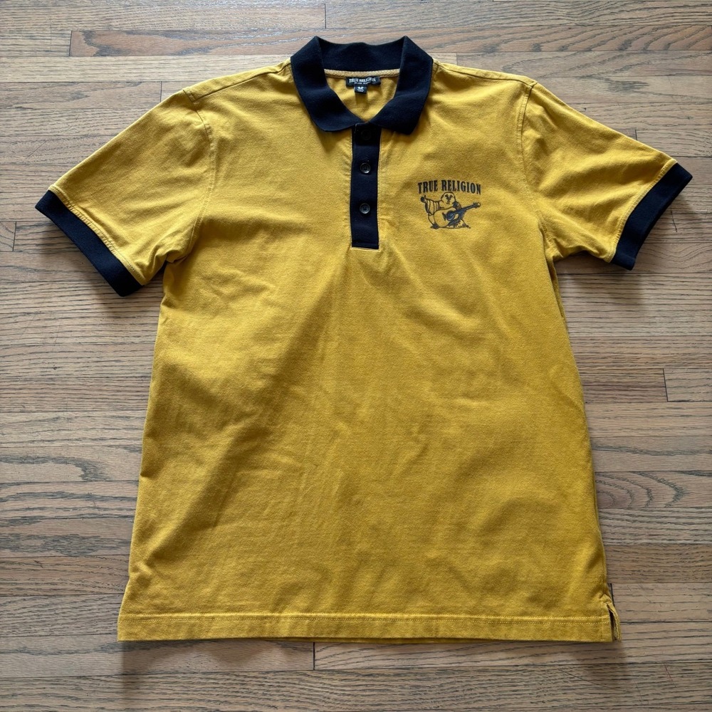 True Religion Mens Polo Shirt Mustard Yellow Black Buddha Logo Size Medium
